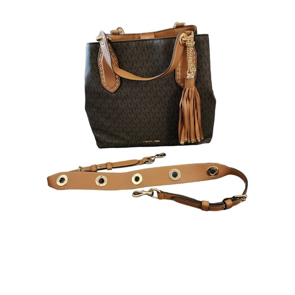 Michael Kors Brooklyn Ladies Large Brown Canvas Satchel Bag - Picture 6 of 16